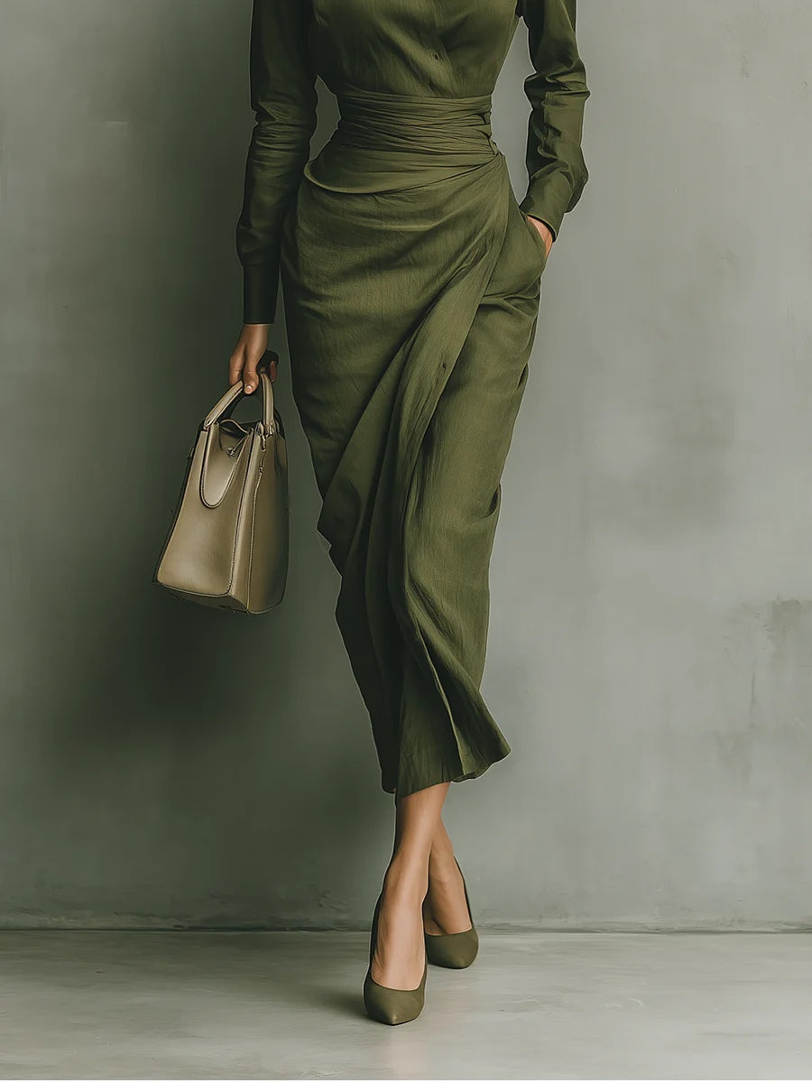 Green Collared Long Sleeve Button Front Ruched Waist Bodycon Maxi Dress 3