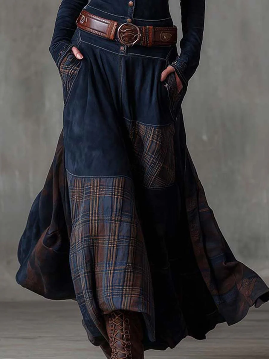 Stand Collar Button Front Belted Suede Plaid Maxi Dress 8