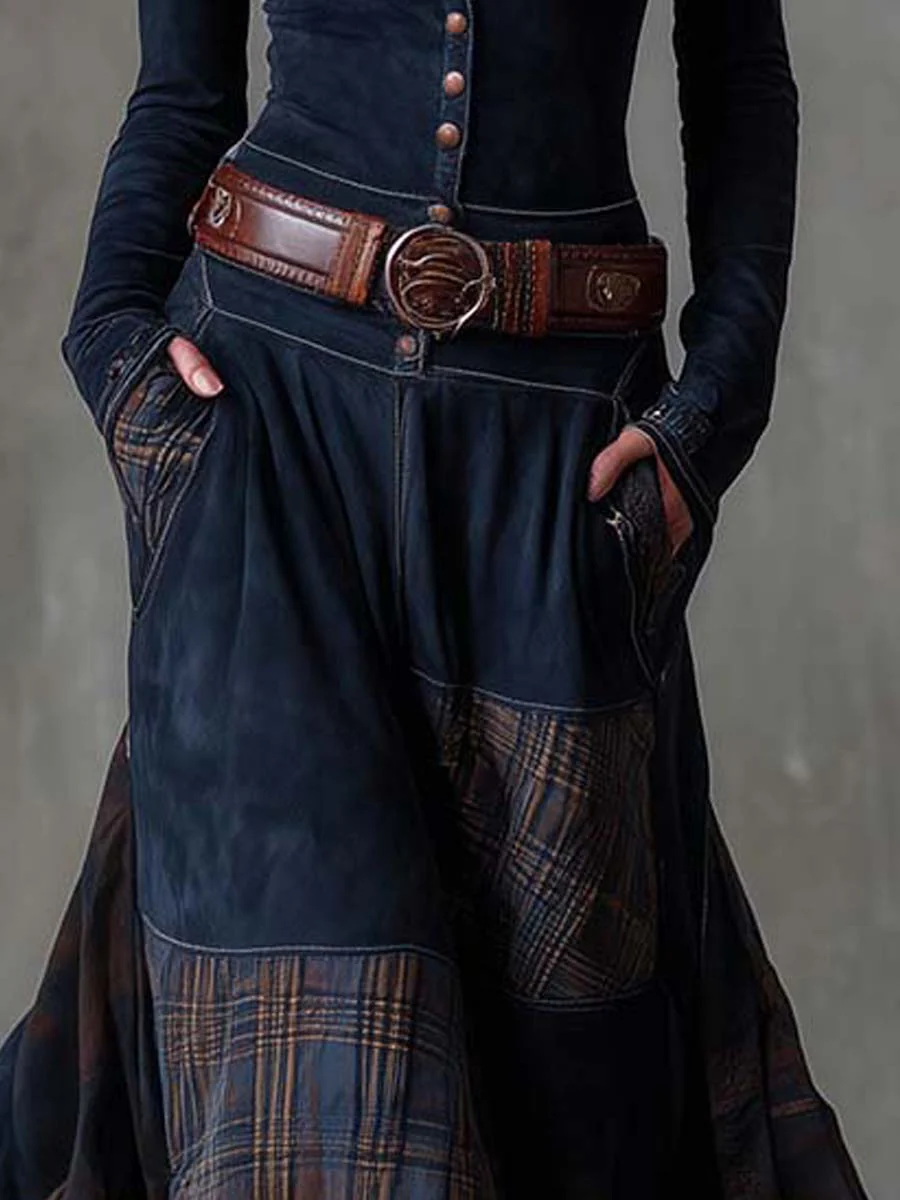 Stand Collar Button Front Belted Suede Plaid Maxi Dress 7