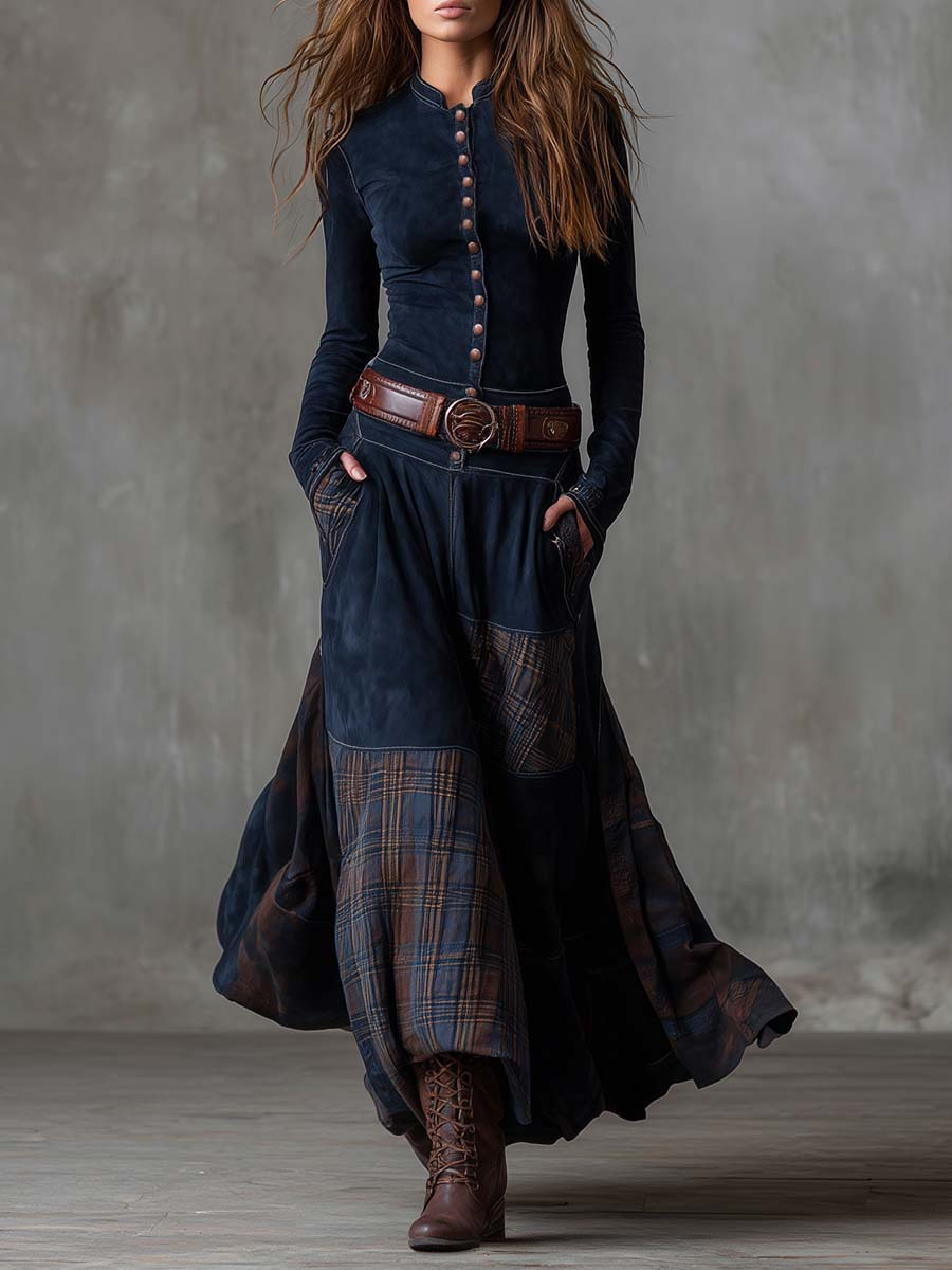 Stand Collar Button Front Belted Suede Plaid Maxi Dress 2