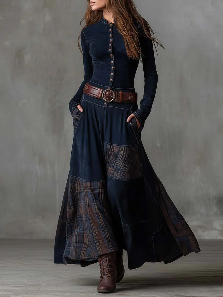 Stand Collar Button Front Belted Suede Plaid Maxi Dress 5