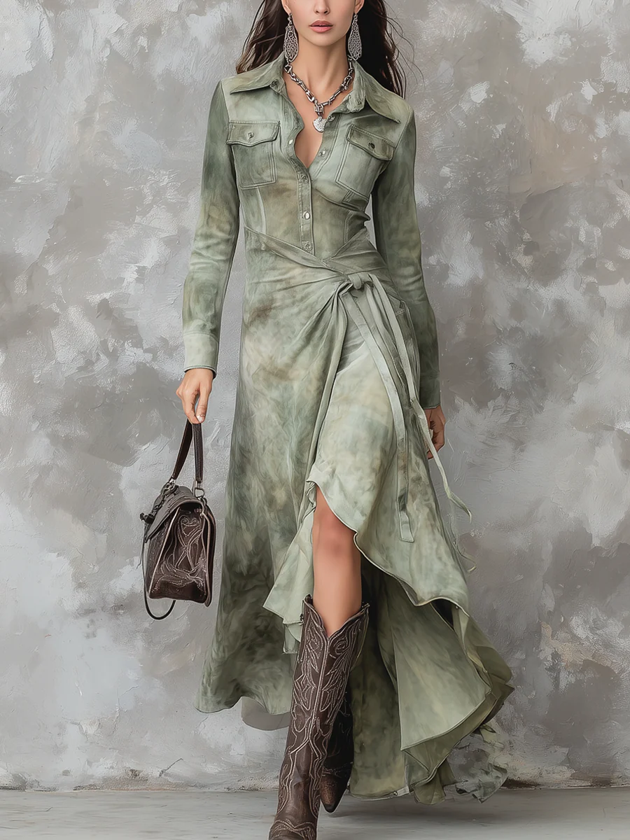 Vintage Sage Green Tie-Dye Pocket Slim Maxi Dress