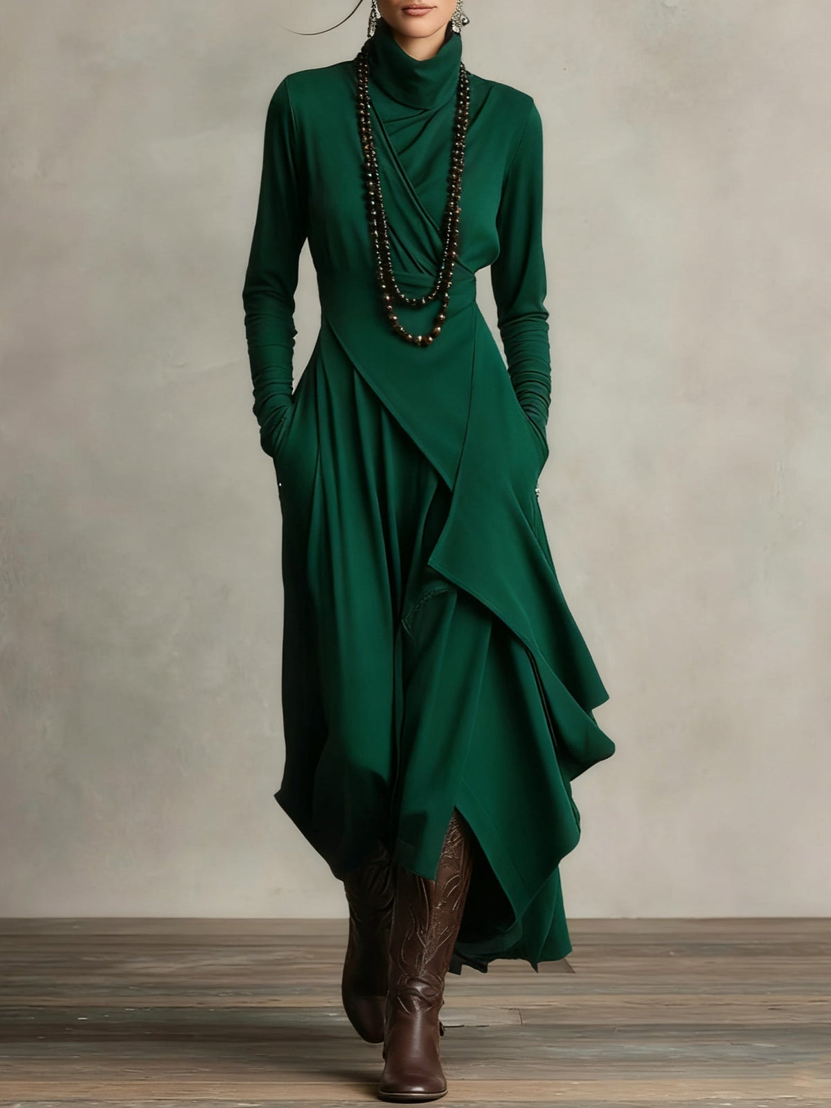 High Neck Long Sleeve Draped Asymmetrical Ruffle Maxi Dress