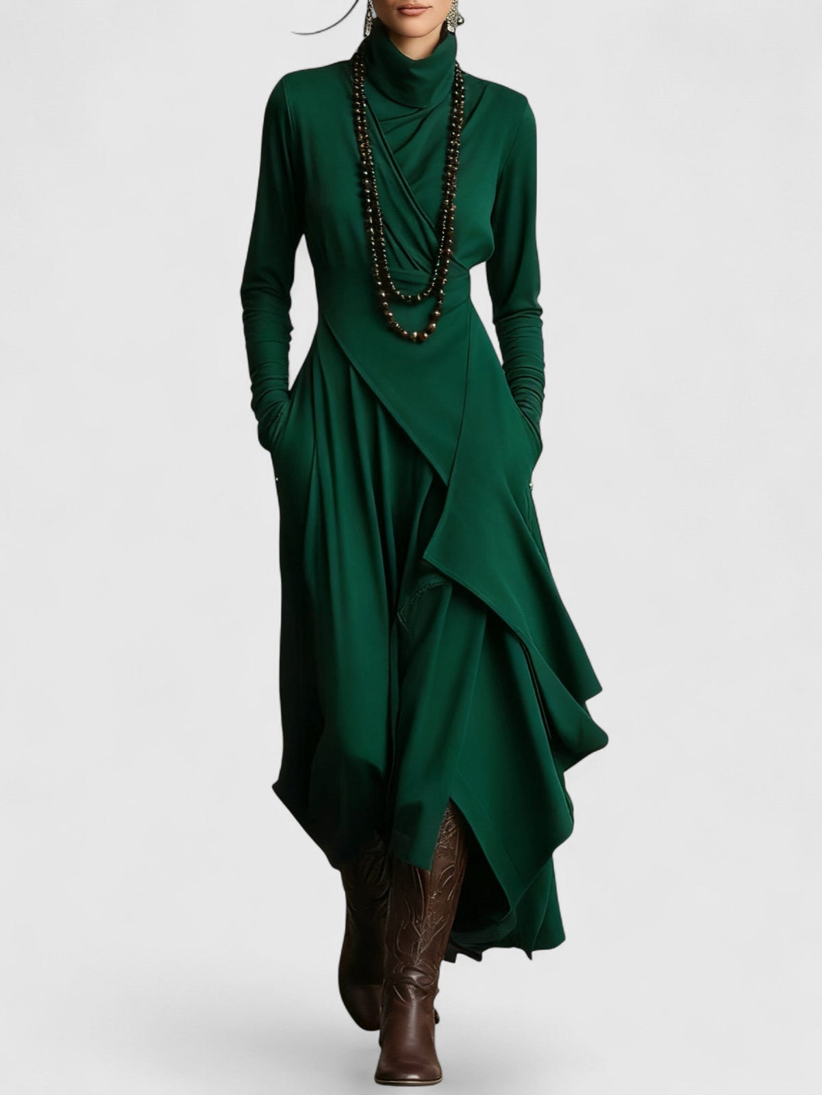High Neck Draped Long Sleeve Asymmetric Layered Maxi Dress 7