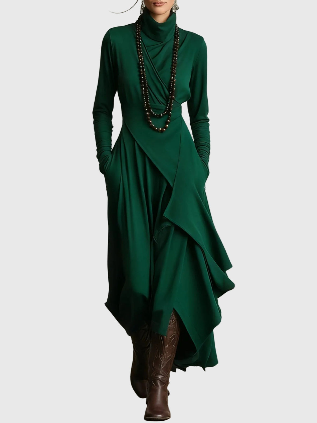 Cowl Neck Long Sleeve Draped Layered Asymmetric Tiered Maxi Dress