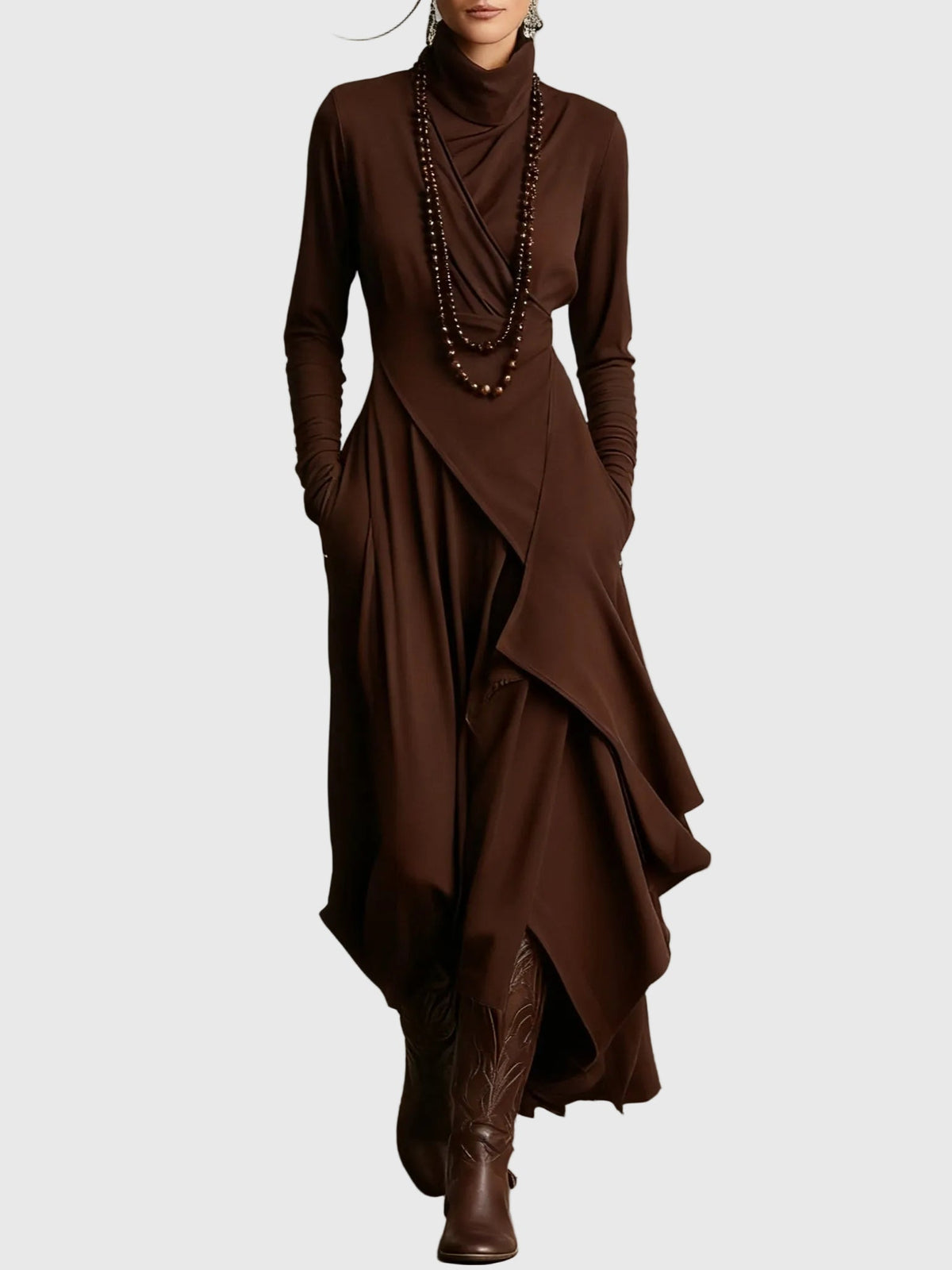 Cowl Neck Long Sleeve Draped Layered Asymmetric Tiered Maxi Dress