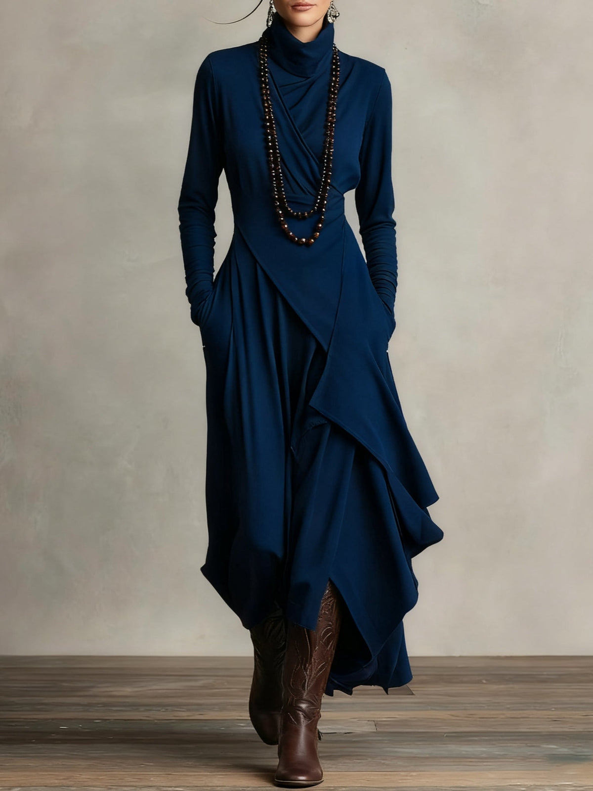 High Neck Long Sleeve Draped Asymmetrical Ruffle Maxi Dress