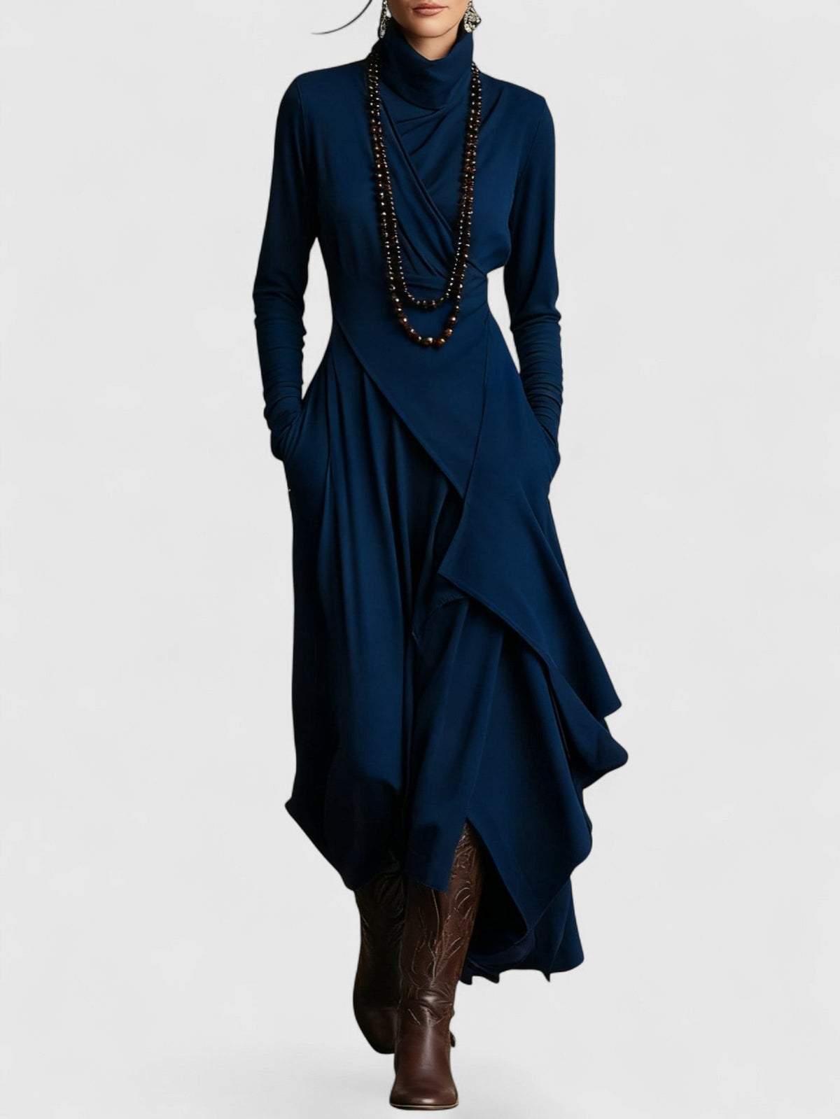 High Neck Draped Long Sleeve Asymmetric Layered Maxi Dress 6