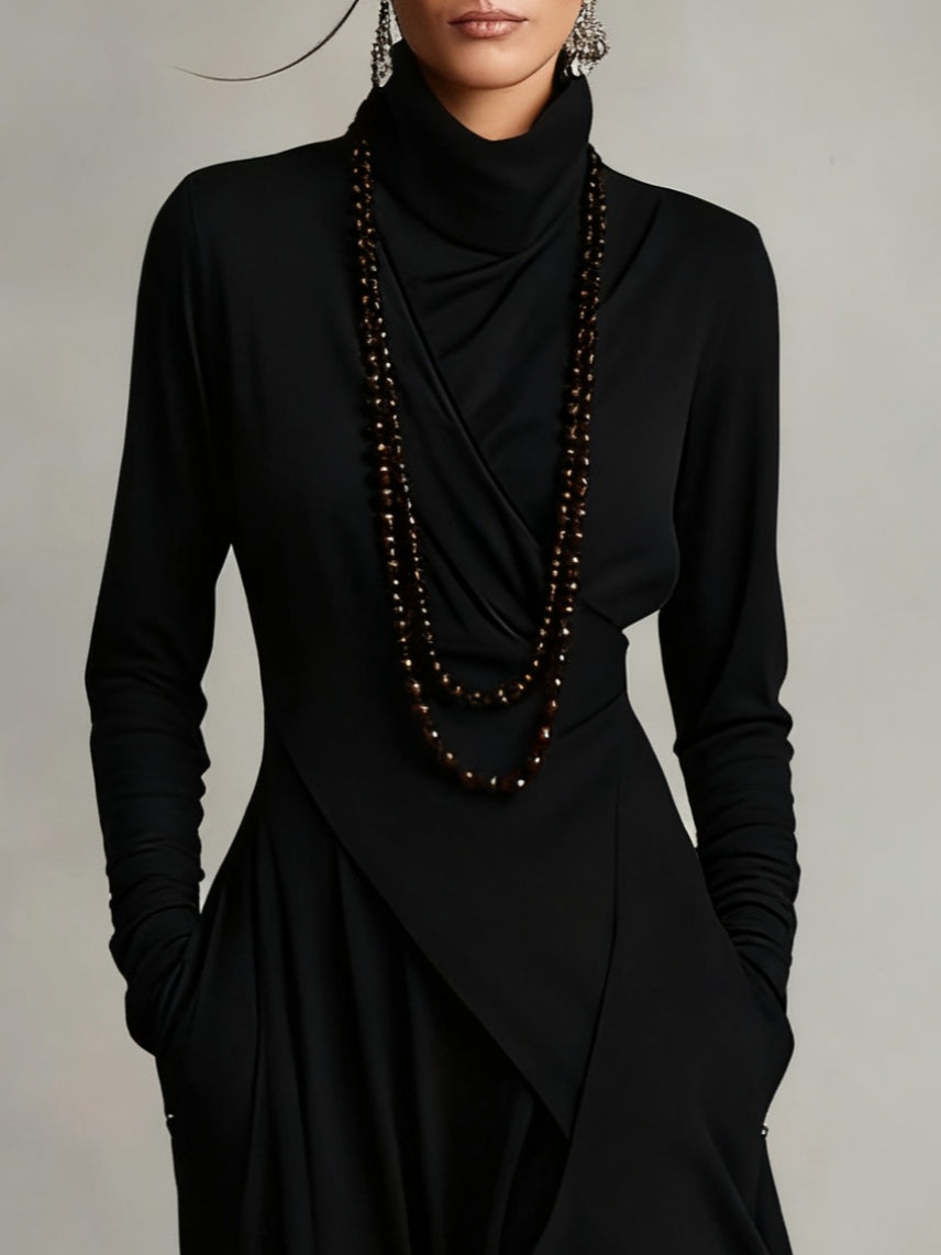 High Neck Long Sleeve Draped Asymmetrical Ruffle Maxi Dress