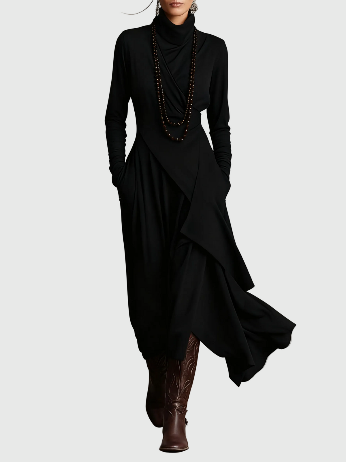 Cowl Neck Long Sleeve Draped Layered Asymmetric Tiered Maxi Dress