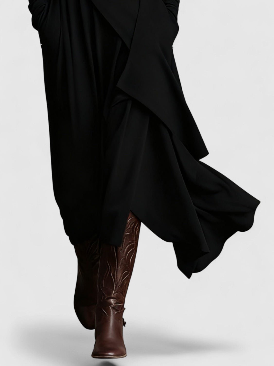 High Neck Draped Long Sleeve Asymmetric Layered Maxi Dress 2