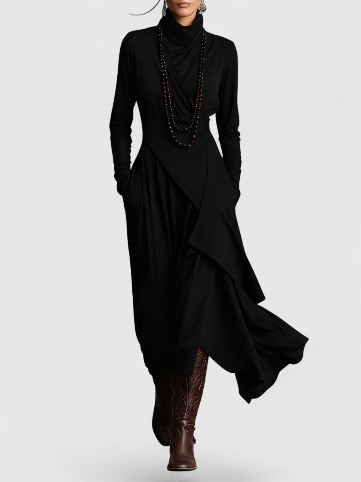 High Neck Draped Long Sleeve Asymmetric Layered Maxi Dress 4