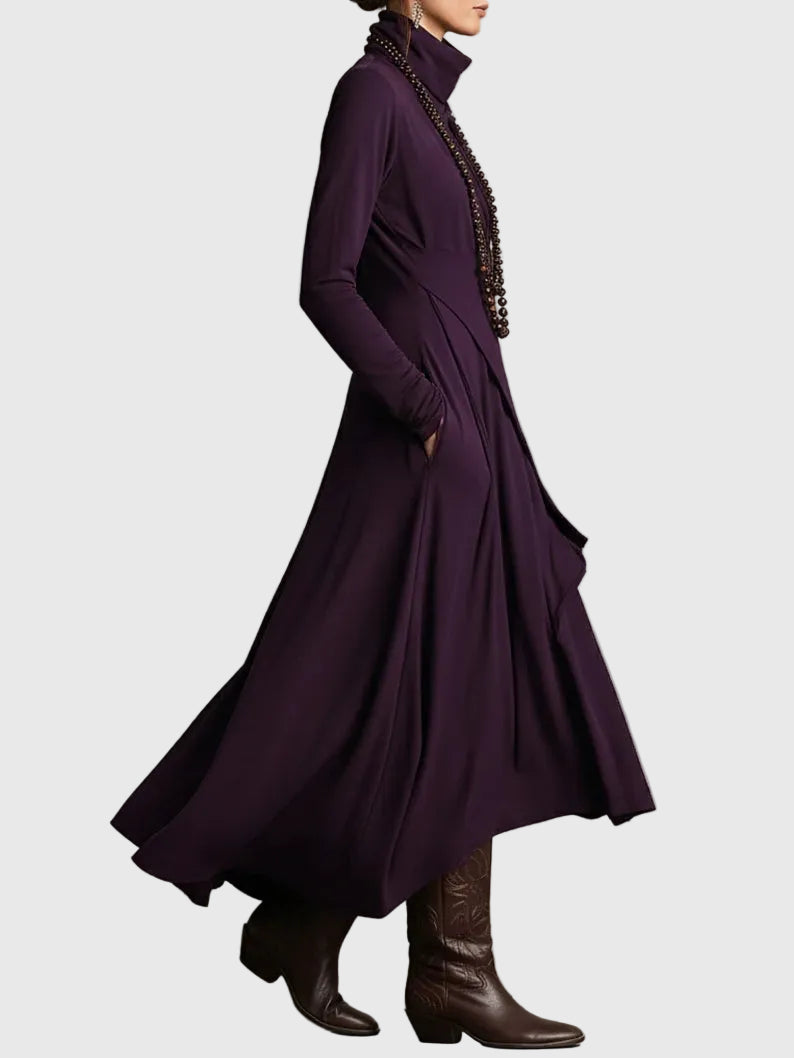 Cowl Neck Long Sleeve Draped Layered Asymmetric Tiered Maxi Dress