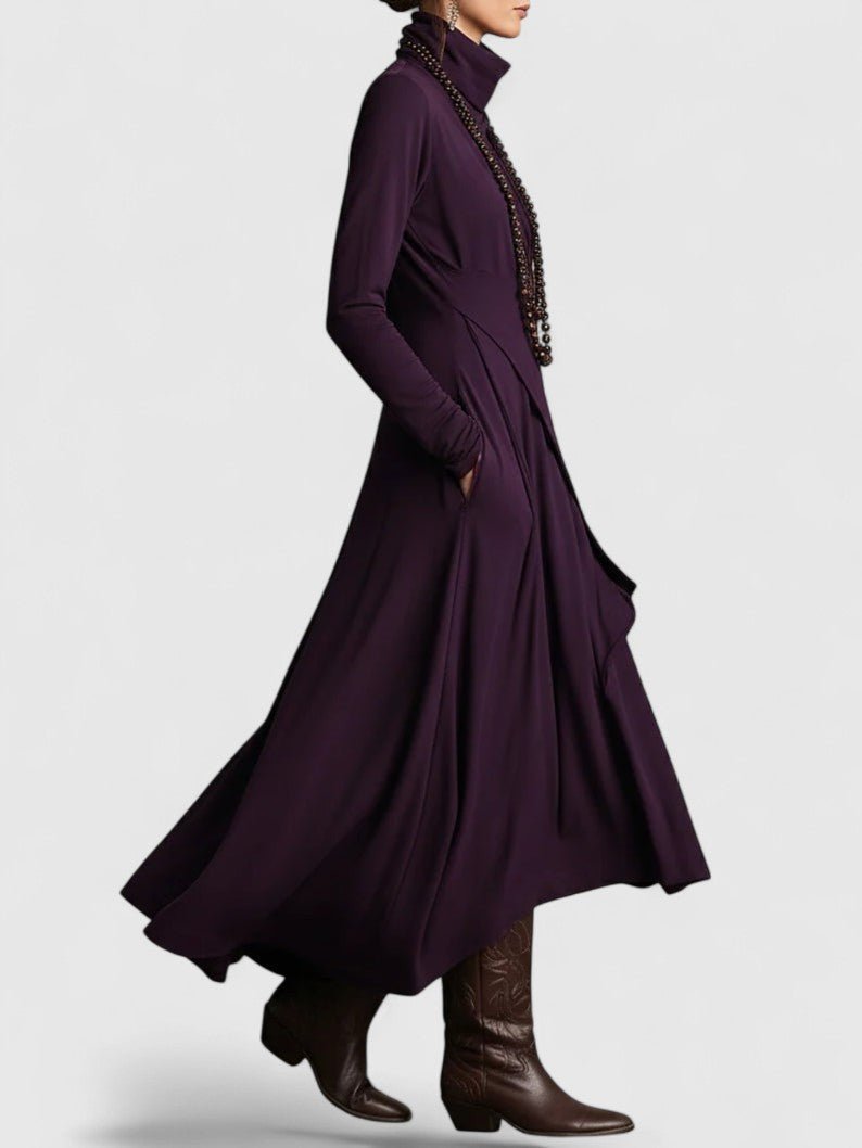 High Neck Draped Long Sleeve Asymmetric Layered Maxi Dress 3