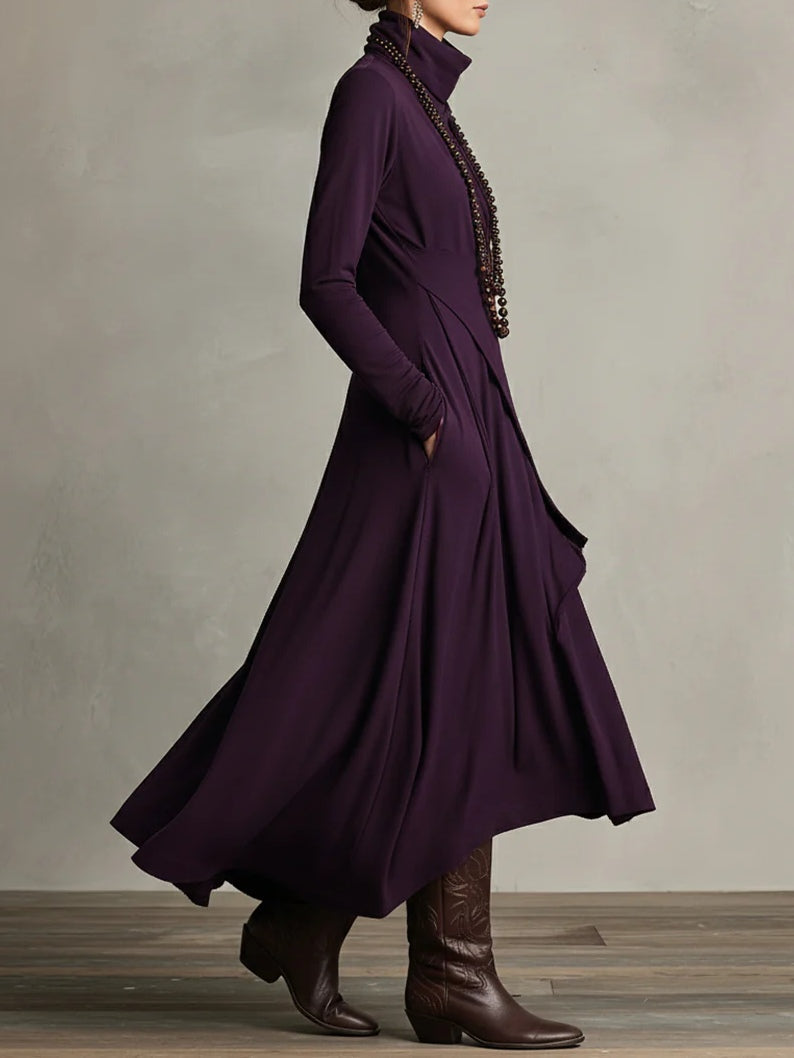 Cowl Neck Long Sleeve Draped Asymmetric Tiered Maxi Dress
