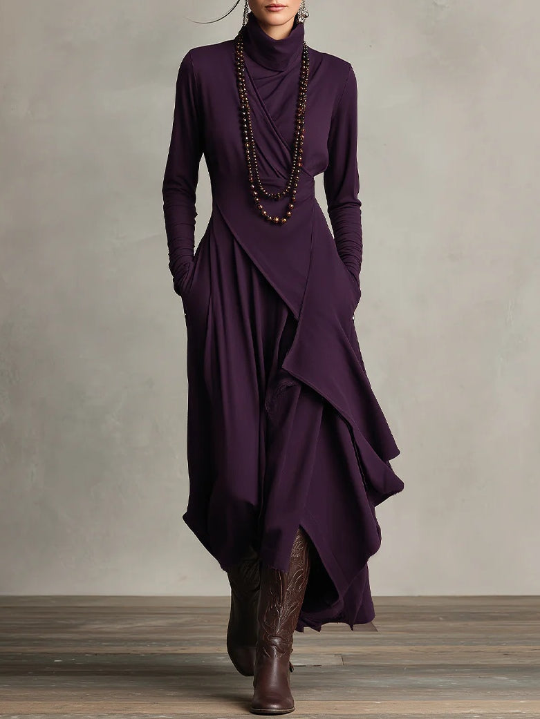 High Neck Long Sleeve Draped Asymmetrical Ruffle Maxi Dress