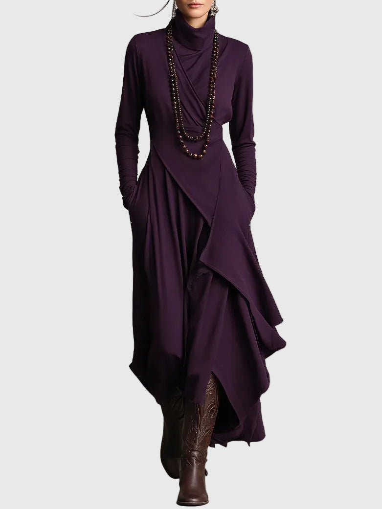 Cowl Neck Long Sleeve Draped Layered Tiered Flowy Maxi Dress