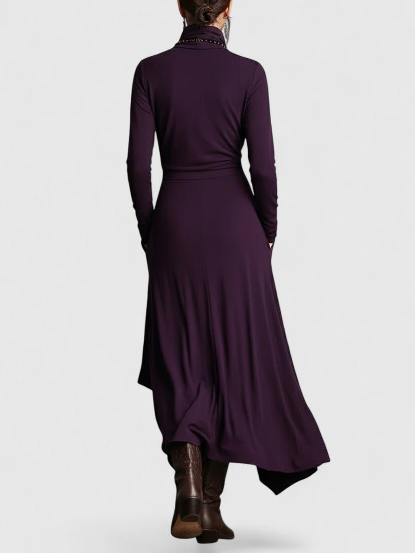 High Neck Draped Long Sleeve Asymmetric Layered Maxi Dress 8