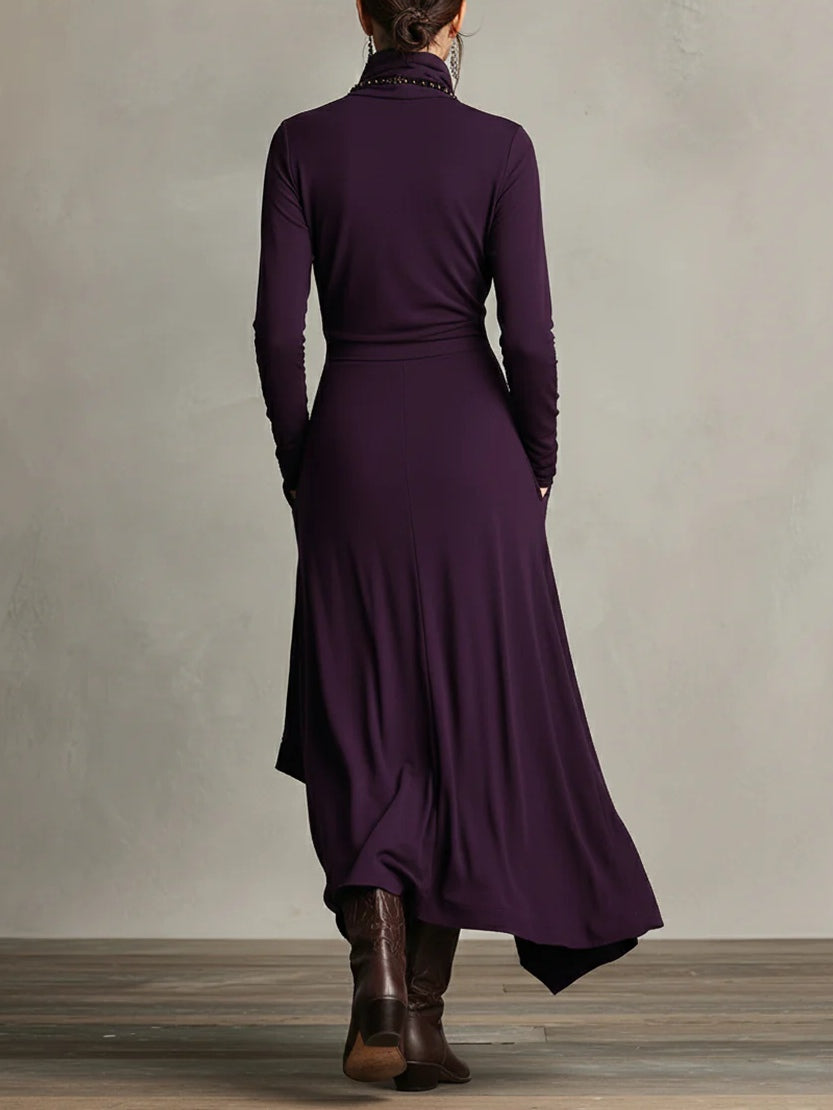 Cowl Neck Long Sleeve Draped Asymmetric Tiered Maxi Dress