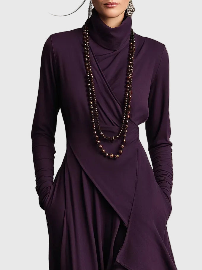 Cowl Neck Long Sleeve Draped Layered Tiered Flowy Maxi Dress