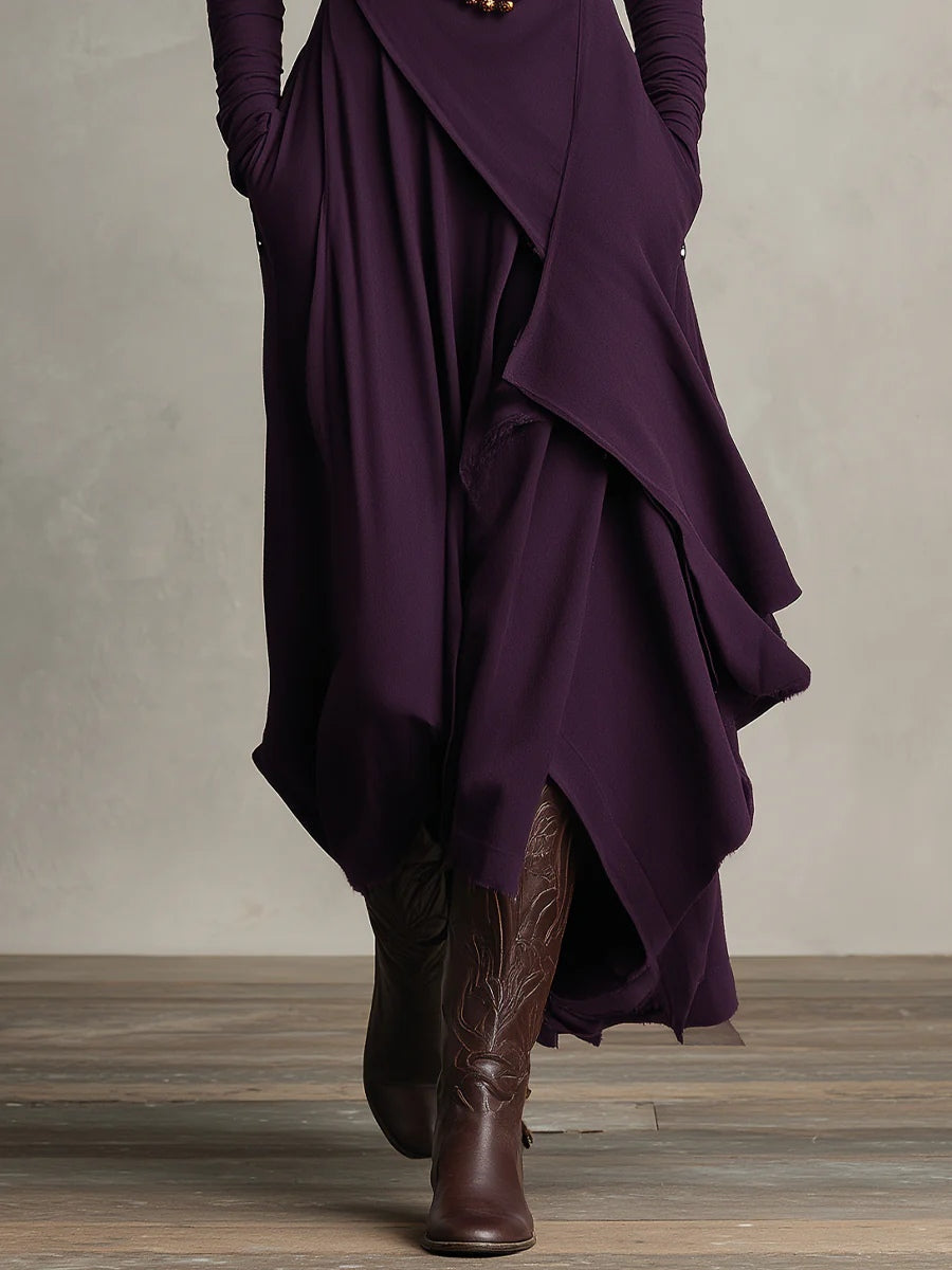 High Neck Long Sleeve Draped Asymmetrical Ruffle Maxi Dress