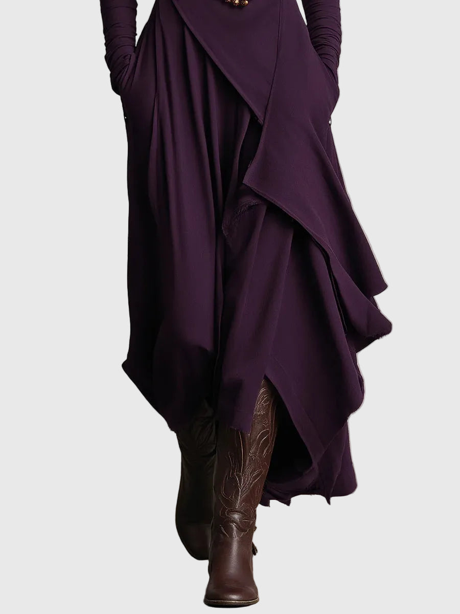 Cowl Neck Long Sleeve Draped Layered Asymmetric Tiered Maxi Dress