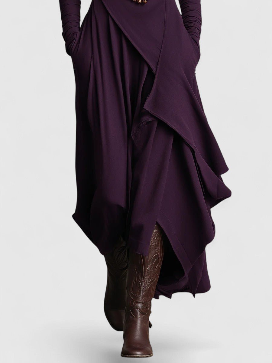 High Neck Draped Long Sleeve Asymmetric Layered Maxi Dress 10
