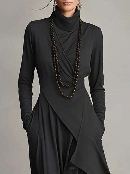 Cowl Neck Long Sleeve Draped Asymmetric Tiered Maxi Dress