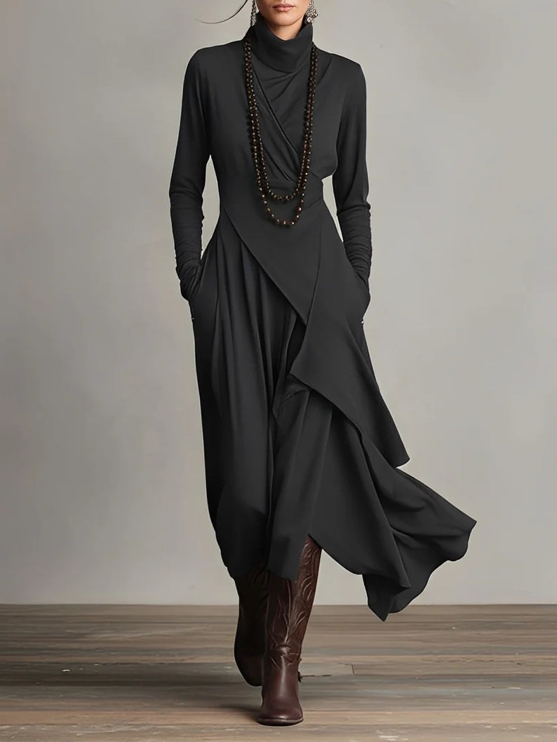 Purple High neck Asymmetrical Pleated Maxi Dress