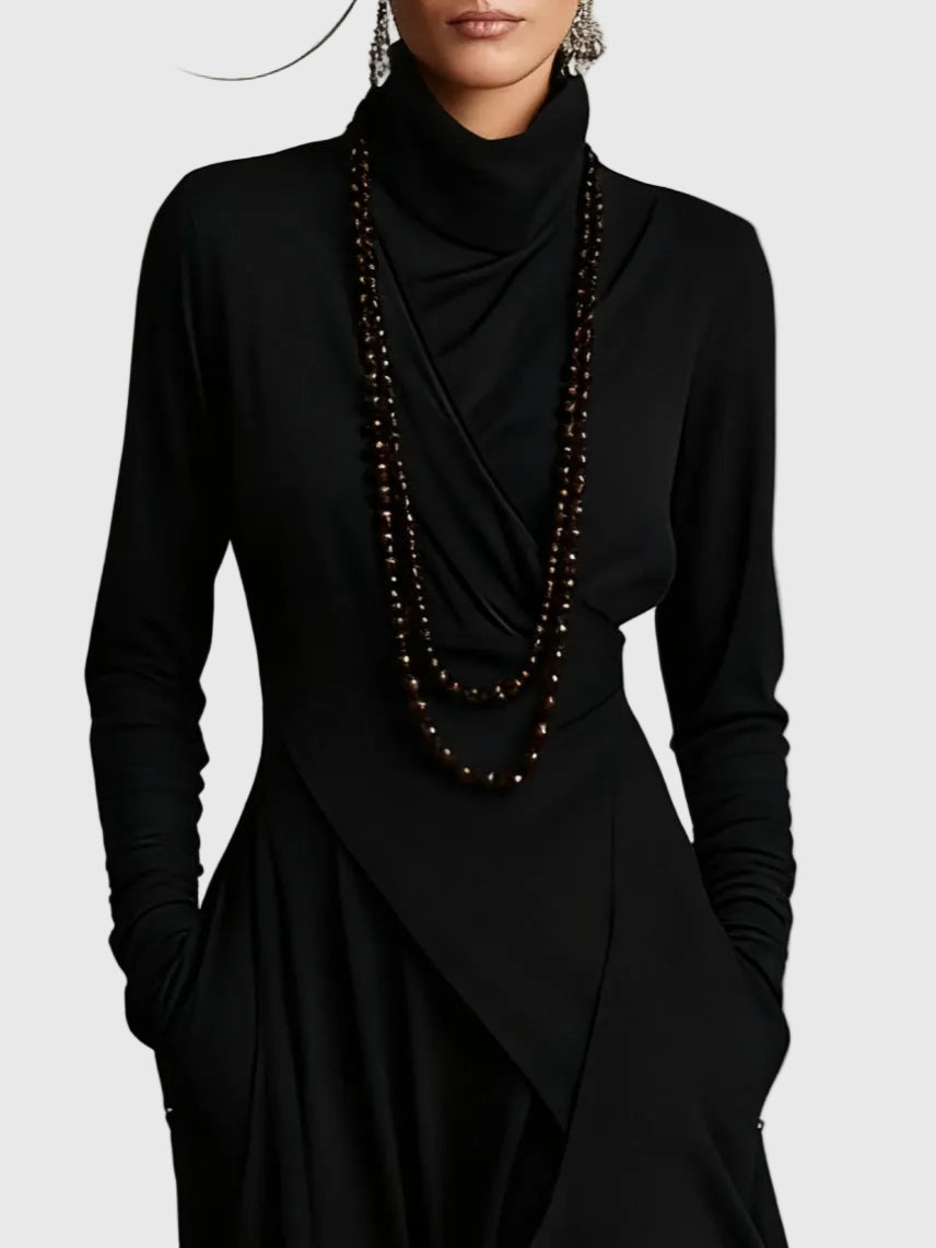Cowl Neck Long Sleeve Draped Layered Asymmetric Tiered Maxi Dress