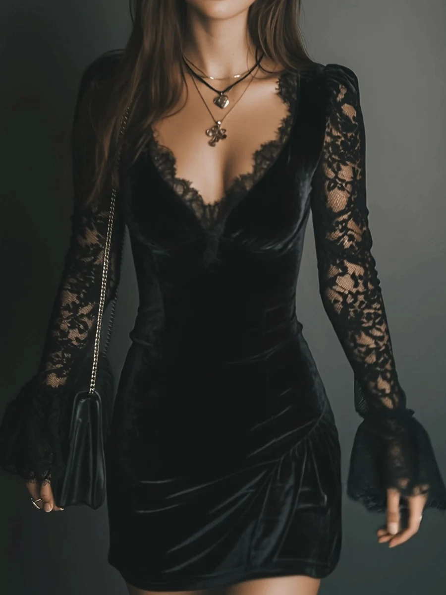 Black V-Neck Velvet Lace Trim Bell Sleeve Bodycon Mini Dress 4
