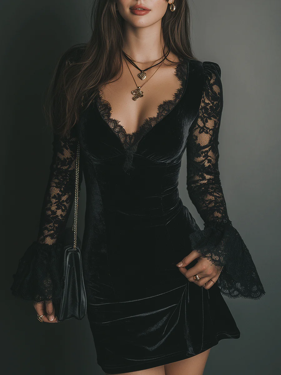 Black V-Neck Velvet Lace Trim Bell Sleeve Bodycon Mini Dress