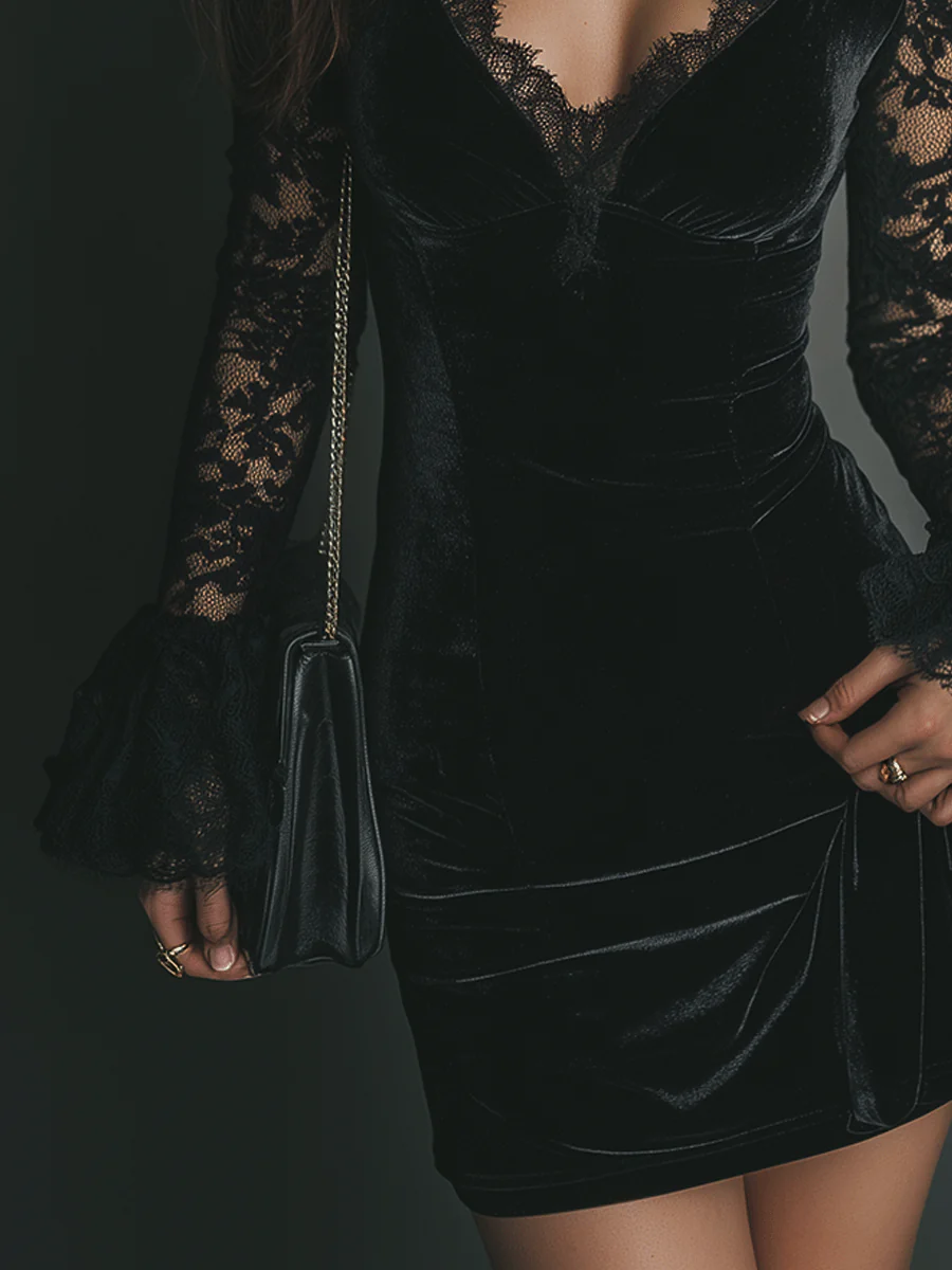 Black V-Neck Velvet Lace Trim Bell Sleeve Bodycon Mini Dress 5