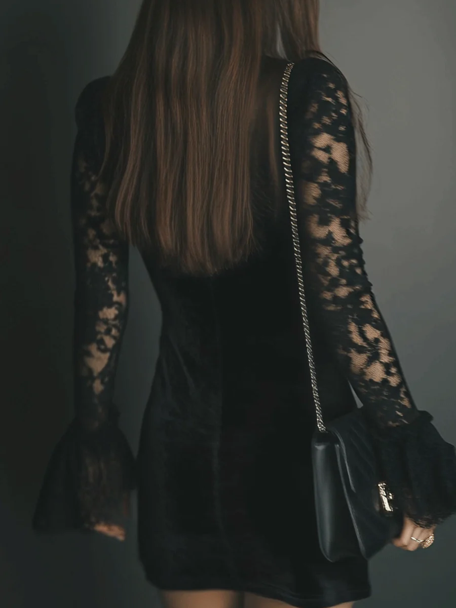 Black V-Neck Velvet Lace Trim Bell Sleeve Bodycon Mini Dress 3
