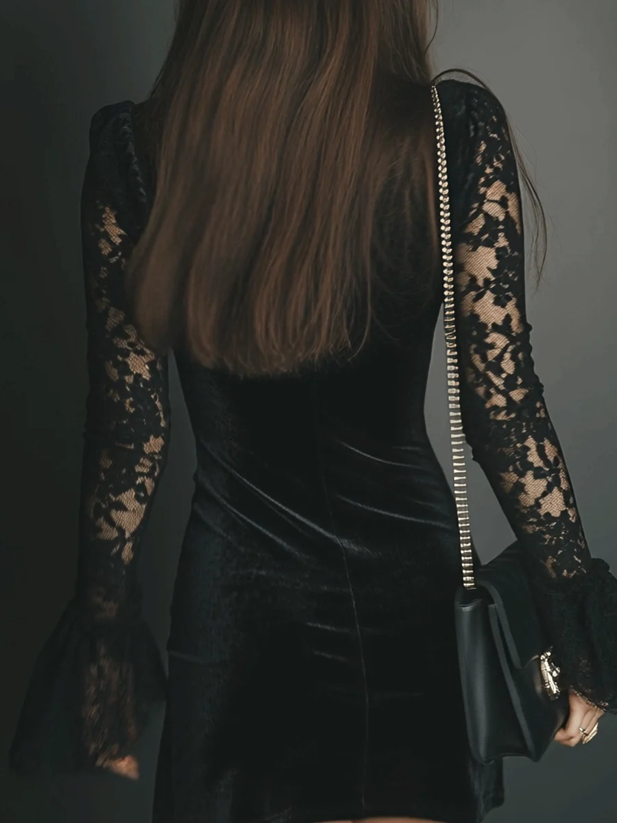 Black V-Neck Velvet Lace Trim Bell Sleeve Bodycon Mini Dress 6