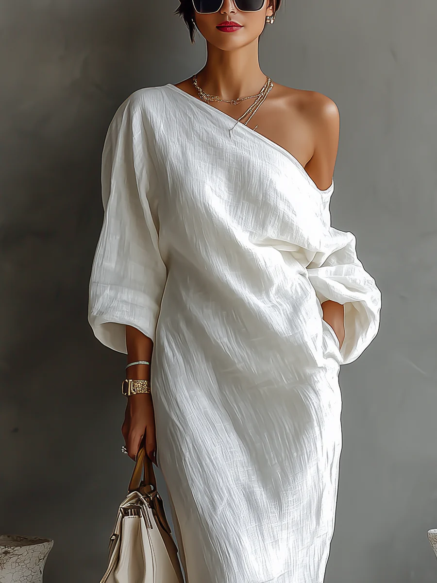 Asymmetric One Shoulder Crinkle Linen Long Sleeve Loose Maxi Dress