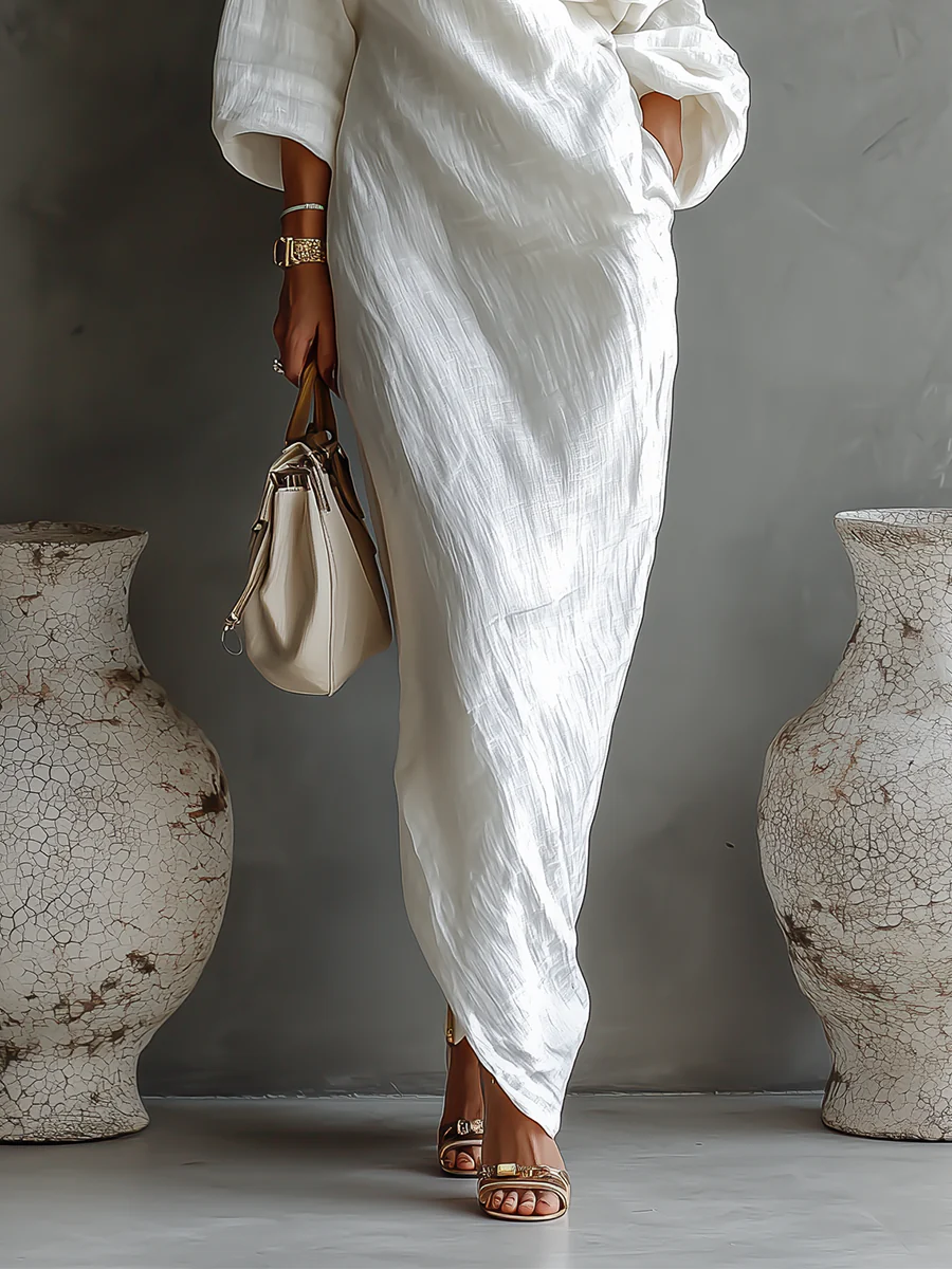 Asymmetric One Shoulder Crinkle Linen Long Sleeve Loose Maxi Dress