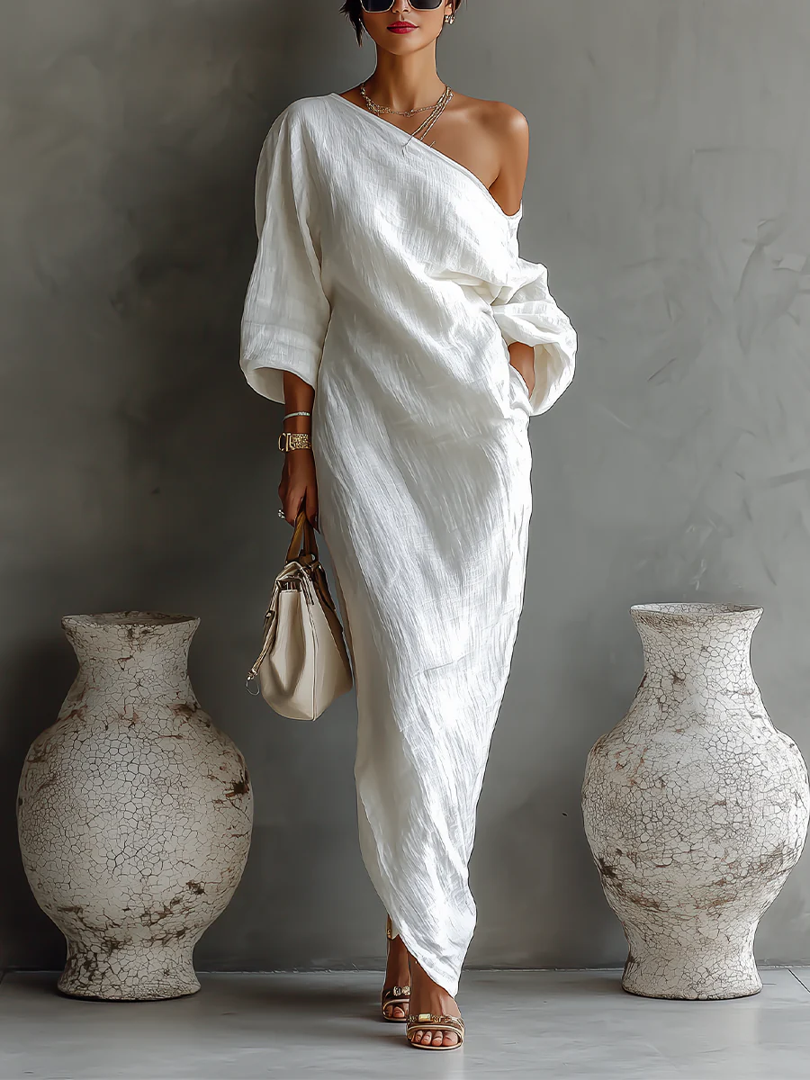Asymmetric One Shoulder Crinkle Linen Long Sleeve Loose Maxi Dress