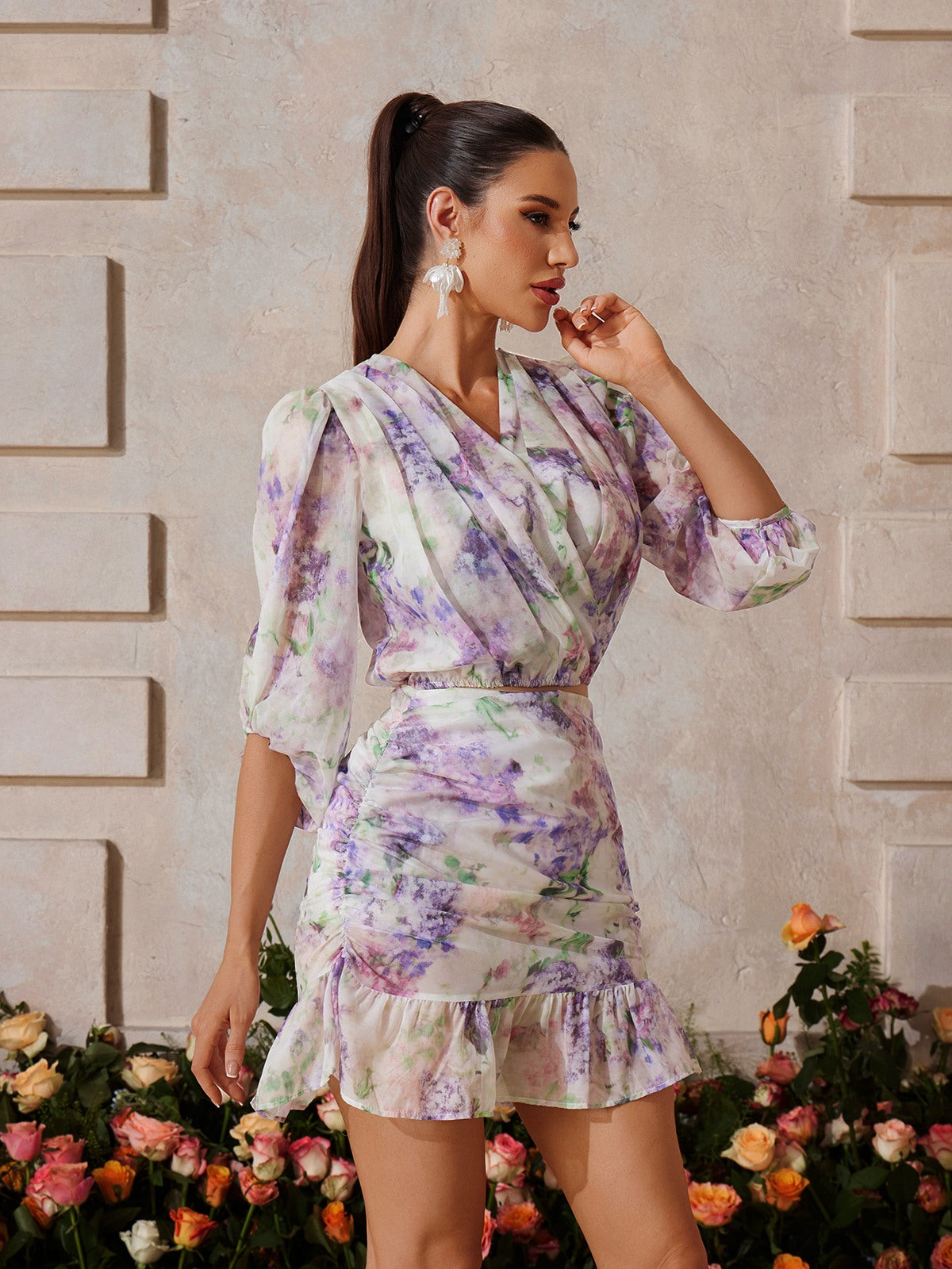 V Neck Floral Skirt Set