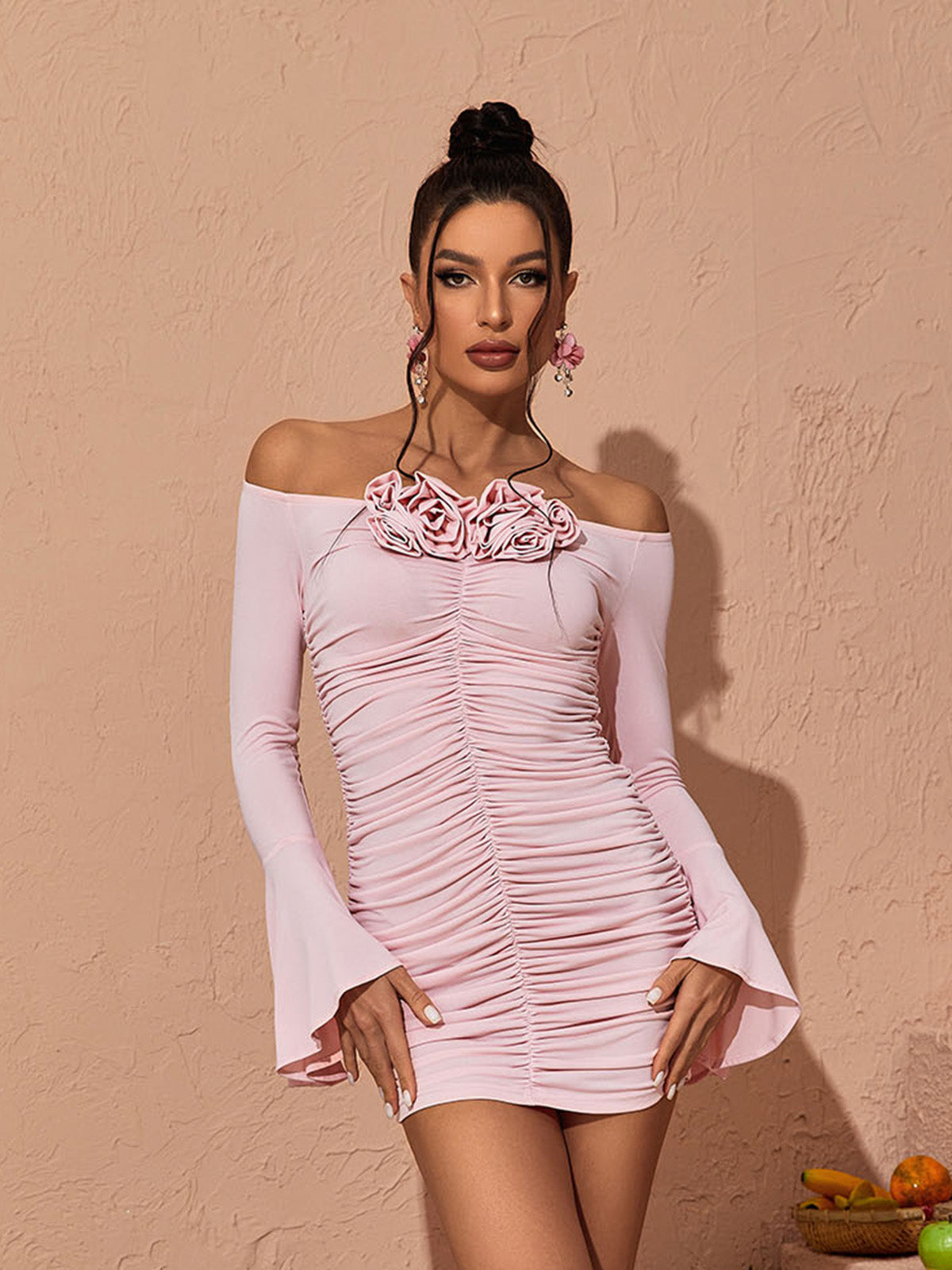 Off-Shoulder Rosette Flower Ruched Flare Sleeve Bodycon Mini Dress