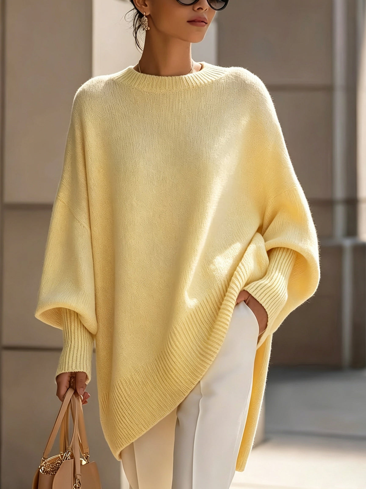 Mock Neck Drop Shoulder Asymmetric Hem Oversized Knit Sweater 19