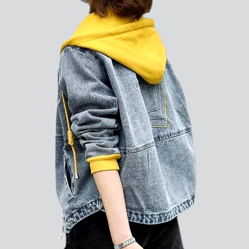 Light Blue Hooded Contrast Drawstring Oversized Denim Jacket
