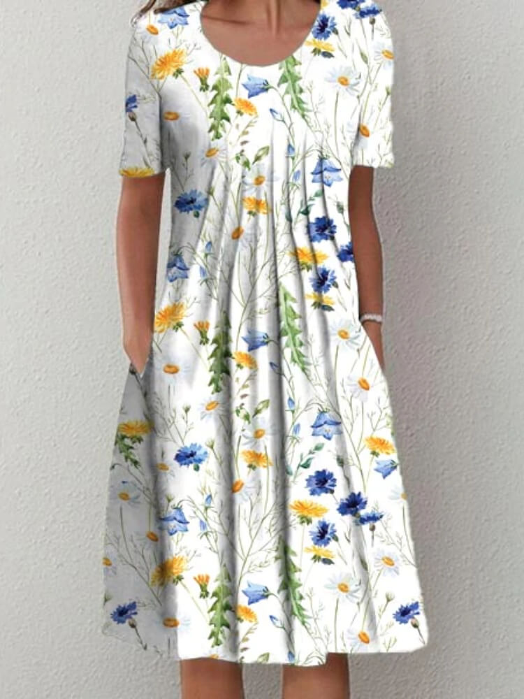 Yellow and Blue Floral Short Sleeve White Pleated Midi Dress