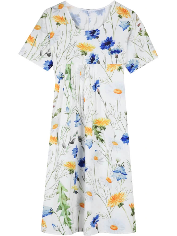 Yellow and Blue Floral Short Sleeve White Pleated Midi Dress