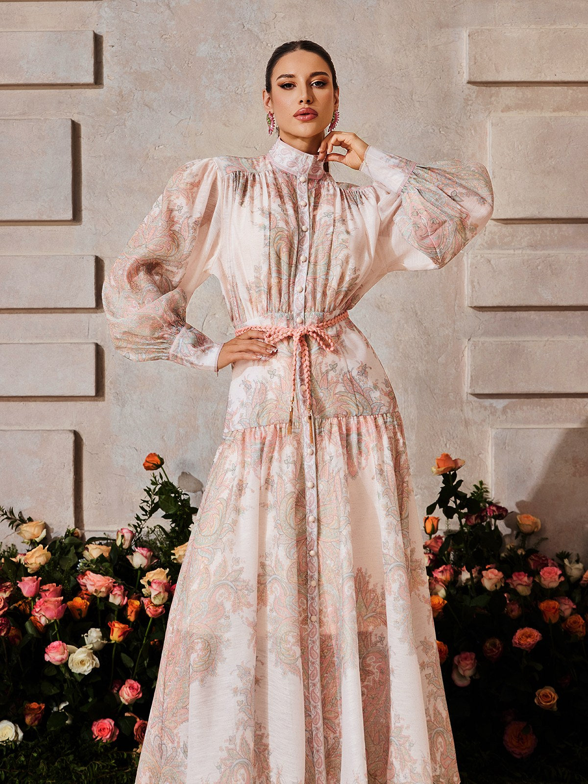 High Neck Button Up Floral Maxi Dress