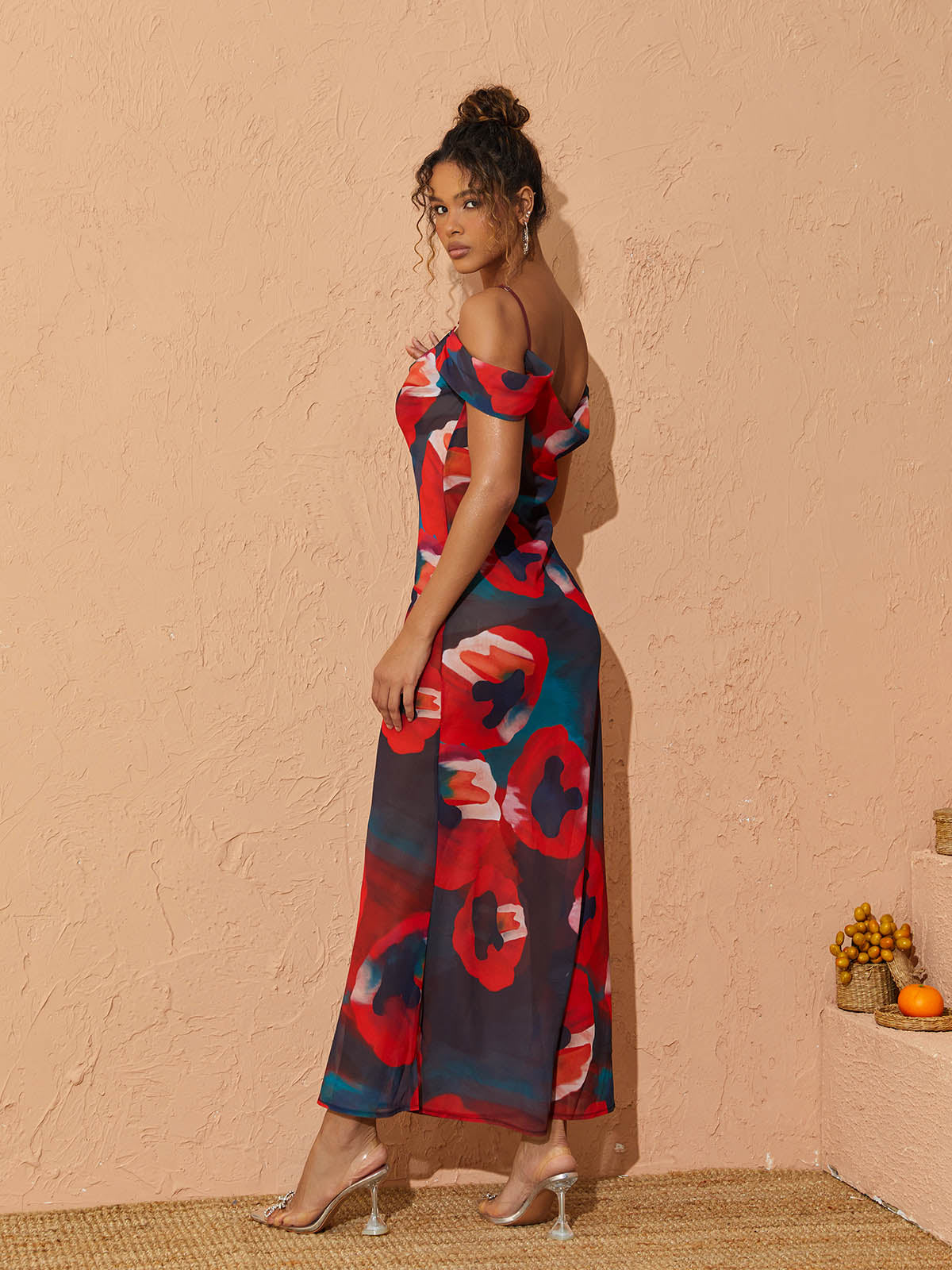 Cold Shoulder Sweetheart Abstract Floral Print Bodycon Maxi Dress