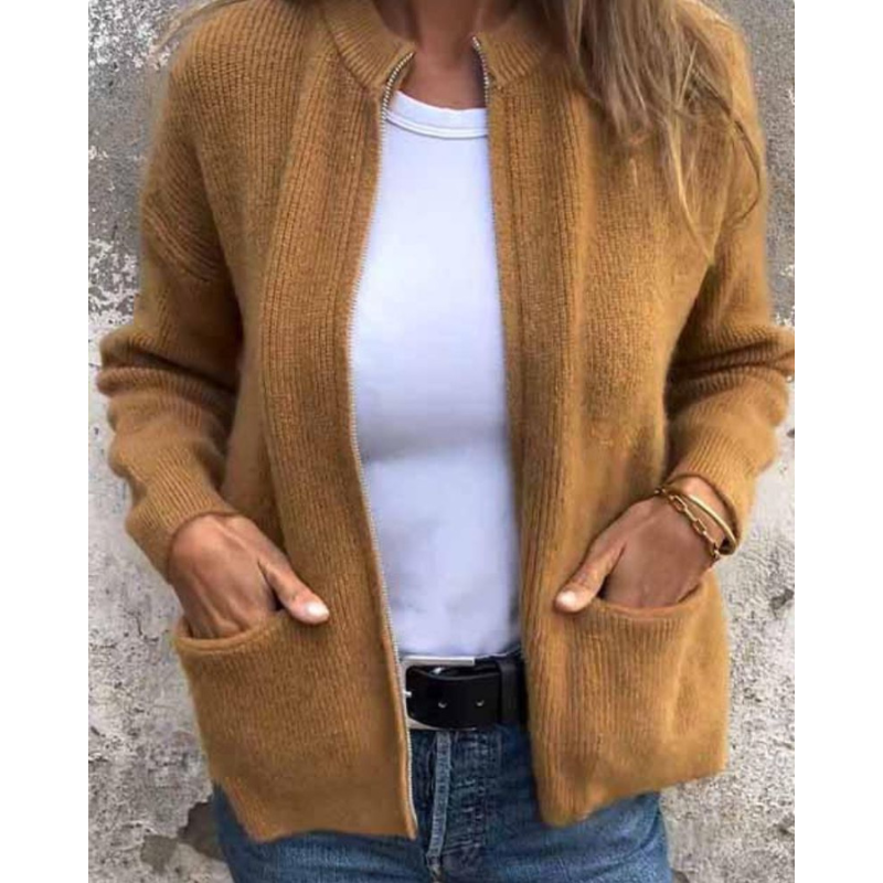 Stand Collar Ribbed Knit Zip-Up Pocket Cardigan 4