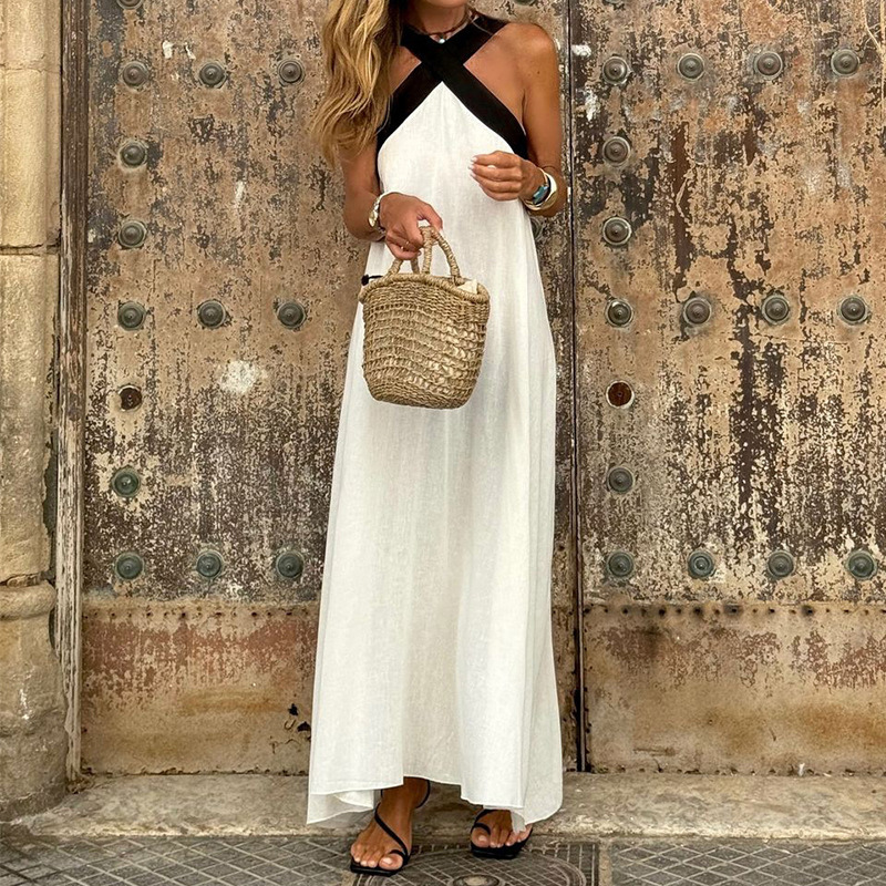 Cross Halter Neck Colorblock Sleeveless Flowy Maxi Dress