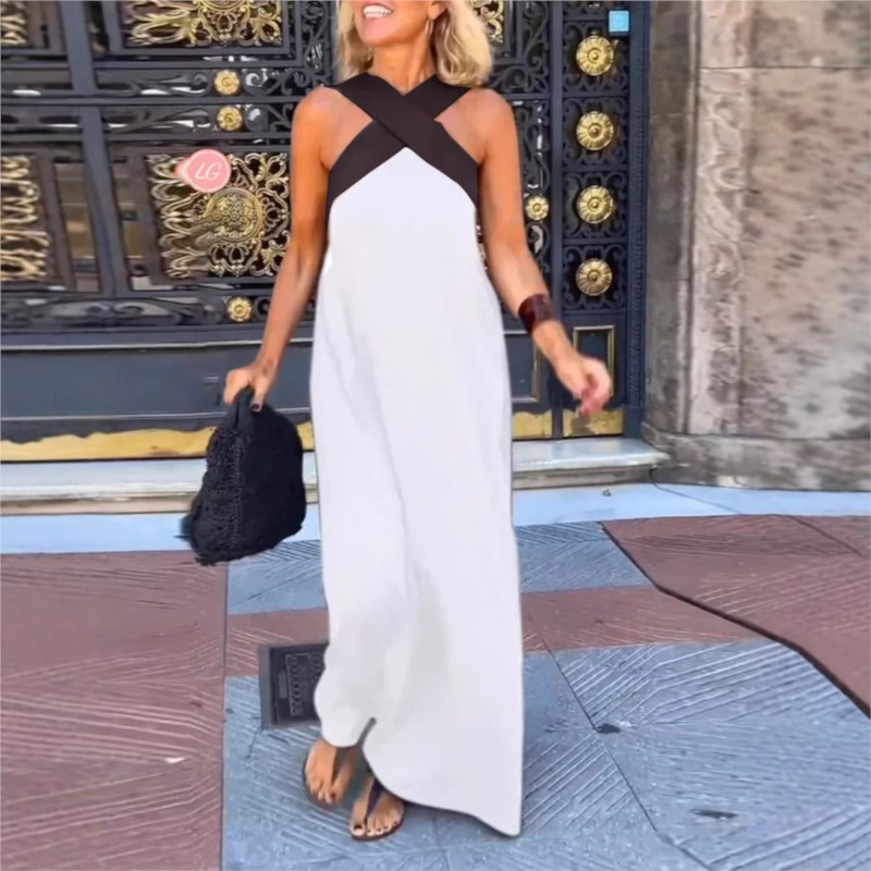 Cross Halter Neck Colorblock Sleeveless Flowy Maxi Dress