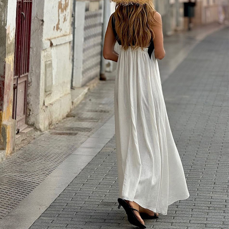 Cross Halter Neck Colorblock Sleeveless Flowy Maxi Dress